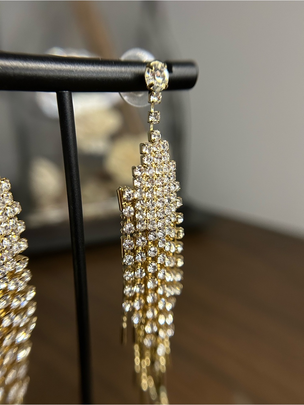 Alfani Gold Rhinestone Waterfall Fringe Chandelier Statement Earrings - Picture 3 of 5